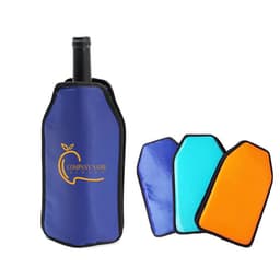 A wine bottle cooler sleeve in navy blue, accompanied by three coloured gel inserts: turquoise, orange, and light blue.