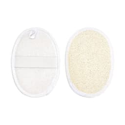 A small, oval exfoliating loofah sponge pad featuring a white textured side and a smooth beige side, with a hanging loop.