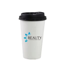 A 12 oz. white paper cup with a black lid and a logo printed on the front.