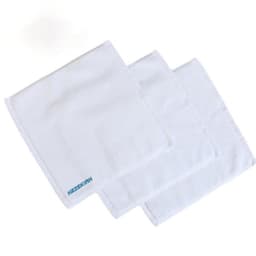 A set of three white cotton hand towels, featuring a logo on one of the towels.
