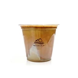 A transparent 9 oz. clear plastic cup featuring a logo and a brown beverage inside.