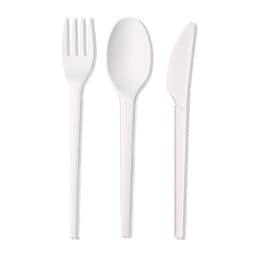 A set of white biodegradable cutlery including a fork, spoon, and knife, with a simple design.