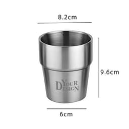 A stackable stainless steel cup in silver, featuring a logo, with dimensions detailed in centimetres.