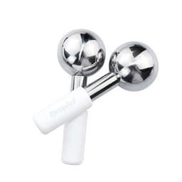 Stainless steel facial ice globes with shiny silver heads and white handles. The product features a logo on one handle.