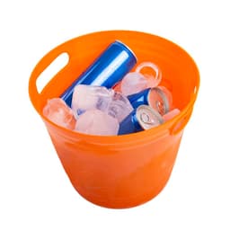 An orange plastic ice bucket filled with ice and blue and silver cans. It features dual handles for easy carrying.