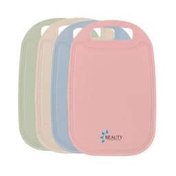 A set of four custom wheat straw cutting boards in pastel colours: pink, green, blue, and cream, featuring a logo.