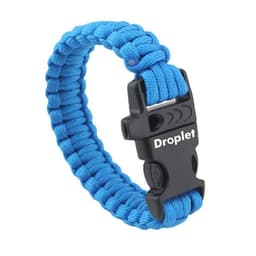 A blue paracord survival bracelet with a black clasp, featuring a logo. Ideal for outdoor activities.