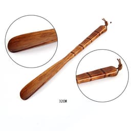 A custom wooden shoe horn with a smooth finish and natural wooden colour, measuring 32 cm in length.