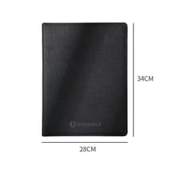 A black PU leather A4 portfolio with a calculator, featuring a logo at the bottom. Dimensions are 34cm by 28cm.