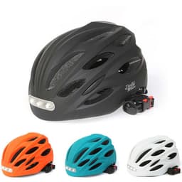 A cycling helmet in black, orange, teal, and white, featuring front and rear lights and a logo.