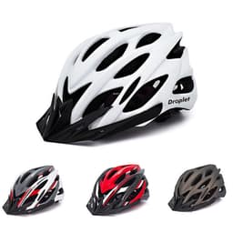 A bicycle helmet with a detachable visor and tail light, available in white, black, red, and grey.
