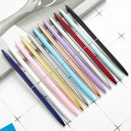 A collection of customizable ballpoint pens in various colours, including gold, silver, pink, blue, and black, with a logo.