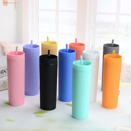 A group of ten 16 oz. double-layer frosted plastic cups in various colours, including pink, black, and mint green, with straws.