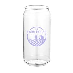 A glass beer can shaped like a 19 oz. container, featuring a logo and a clear finish.