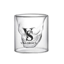 A glass skull cup with a double wall design, featuring a logo in black. The cup is clear and stylish.