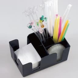 A multifunction black tissue straw case featuring assorted colourful drinking straws and compartments for napkins.