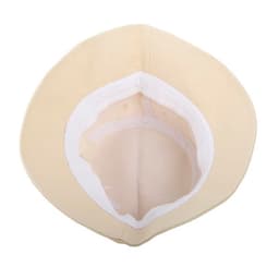 A lightweight unisex bucket hat in beige, featuring an inner lining and a logo inside.