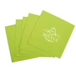 A set of vibrant lime green cocktail napkins with a decorative logo or branding printed on them.