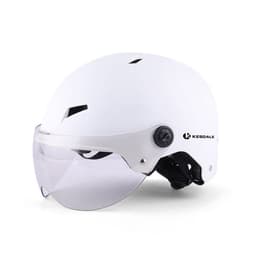 A white electric vehicle helmet with a clear visor and a logo on the side.