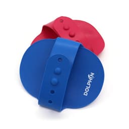 A blue and red grooming brush for pets, featuring a comfortable grip and a logo on the side. 