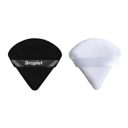 Triangle-shaped powder puff in black and white, featuring a ribbon. Includes branding on the black puff.
