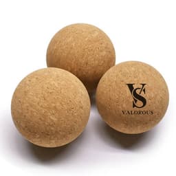 Three natural cork massage balls arranged closely together, featuring a logo on one ball.