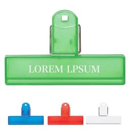 A green plastic bag sealed clip is displayed, alongside blue, red, and white clips, all featuring a logo.