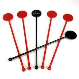 Customisable plastic swizzle sticks in red and black, featuring circular tops and a logo on one stick.