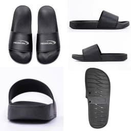 A pair of black PVC non-slip slippers featuring a logo on the strap and a textured sole for grip.