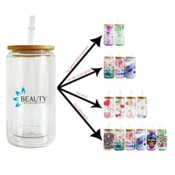 A drink bottle featuring a clear glass body, bamboo lid, and straw, accompanied by various decorated can designs.