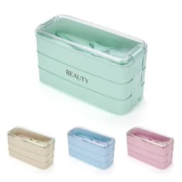 A stackable bento box in mint green, with pink, blue, and beige options visible. Features a logo on the front.