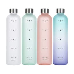 A drink bottle set featuring four 32 oz. water bottles in white, mint green, pink, and gradient blue, each with a time marker.