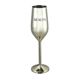 A stainless steel champagne glass in a silver and gold finish, featuring a logo on the surface.
