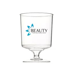 A clear plastic wine glass with a stem, featuring a logo in blue and black.