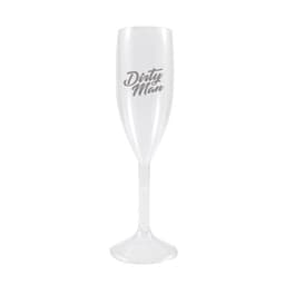 A clear plastic champagne glass with a tall stem, featuring a logo. It holds 6 oz of liquid.