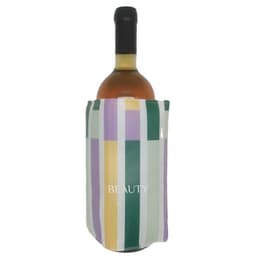 A drink bottle wrapped in a multi-coloured gel cooler with a logo, featuring vertical stripes in pastel shades.