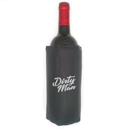 A drink bottle wrapped in a black cooler with a logo, featuring a red wine bottle.