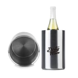 A stainless steel wine cooler with a bottle of white wine inside, featuring a branded logo on the side.