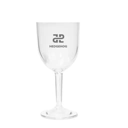A clear 12 oz. promotional PS plastic wine glass with a stem and a logo printed on the side.