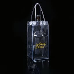 A clear PVC wine gift bag with a bottle inside, featuring a handle and a branding logo.