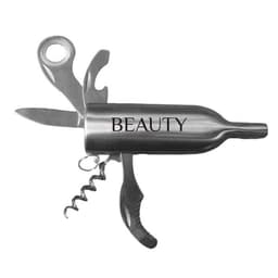 A drink bottle opener shaped like a wine bottle, featuring silver metal construction and a branding logo.