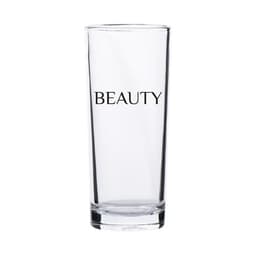 A tall, transparent 7 oz. highball glass featuring a simple black logo.