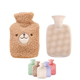 A hot water bag with a beige fur cover featuring a bear face, alongside various pastel-coloured hot water bags.