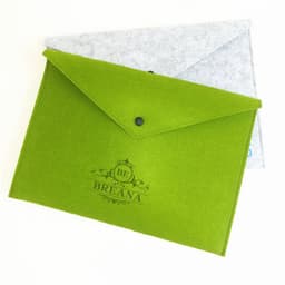 A green felt file folder with a button closure, featuring a grey felt background. It has a logo on the front.