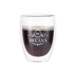 A drink cup featuring a transparent double-layer design with a logo, filled with dark liquid.