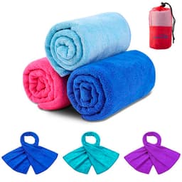 Three rolled towels in blue, pink, and a lighter blue, accompanied by a mesh bag in red and blue.