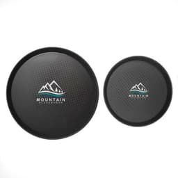 A black plastic fast food serving tray with a textured surface and mountain logo, available in two sizes.