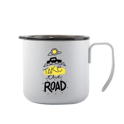A 12 oz. stainless steel coffee mug with handle, featuring a light grey finish and a printed design.