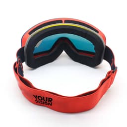 Double layer ski goggles for adults in red with tinted blue lenses and a comfortable strap. Features a logo design.