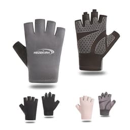 Ice silk half finger riding gloves in grey, black, and light pink, featuring a textured design and a logo.